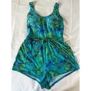 Blair Vintage 90's Romper Swimsuit Blue Green Tropical Plant Print S-14